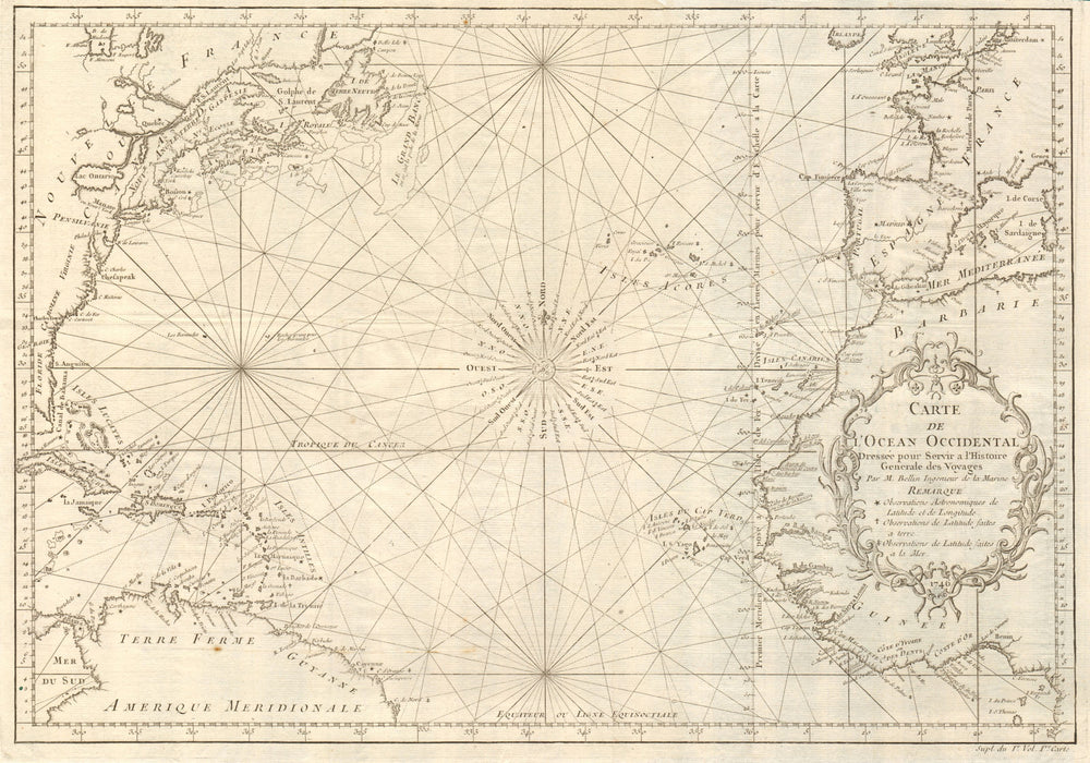 Carte de l’Ocean Occidental. North Atlantic Ocean Ferro Meridian BELLIN 1746 map