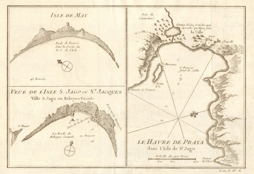 Cabo/Cape Verde islands. Praia bay/Ribeira Grande Santiago. Maio BELLIN 1746 map
