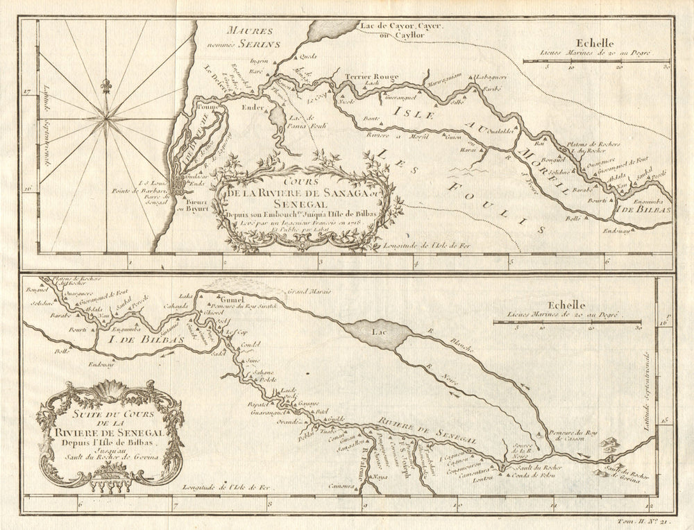 'Cours de la Rivière de Sanaga ou Sénégal'. Senegal River. BELLIN 1746 old map