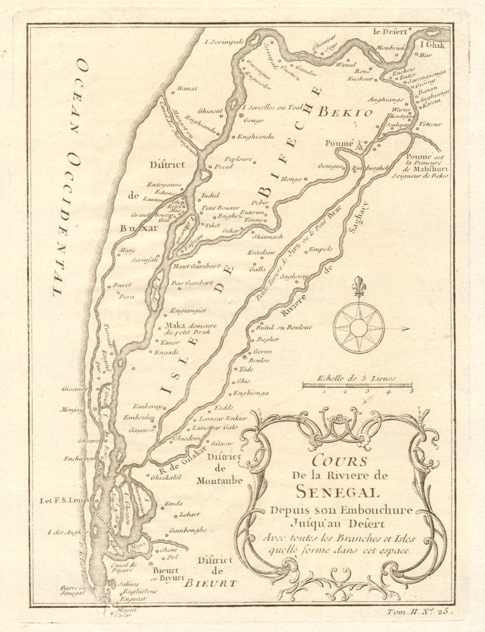 'Cours de la Riviere du Senegal' river to the desert. BELLIN 1746 old map