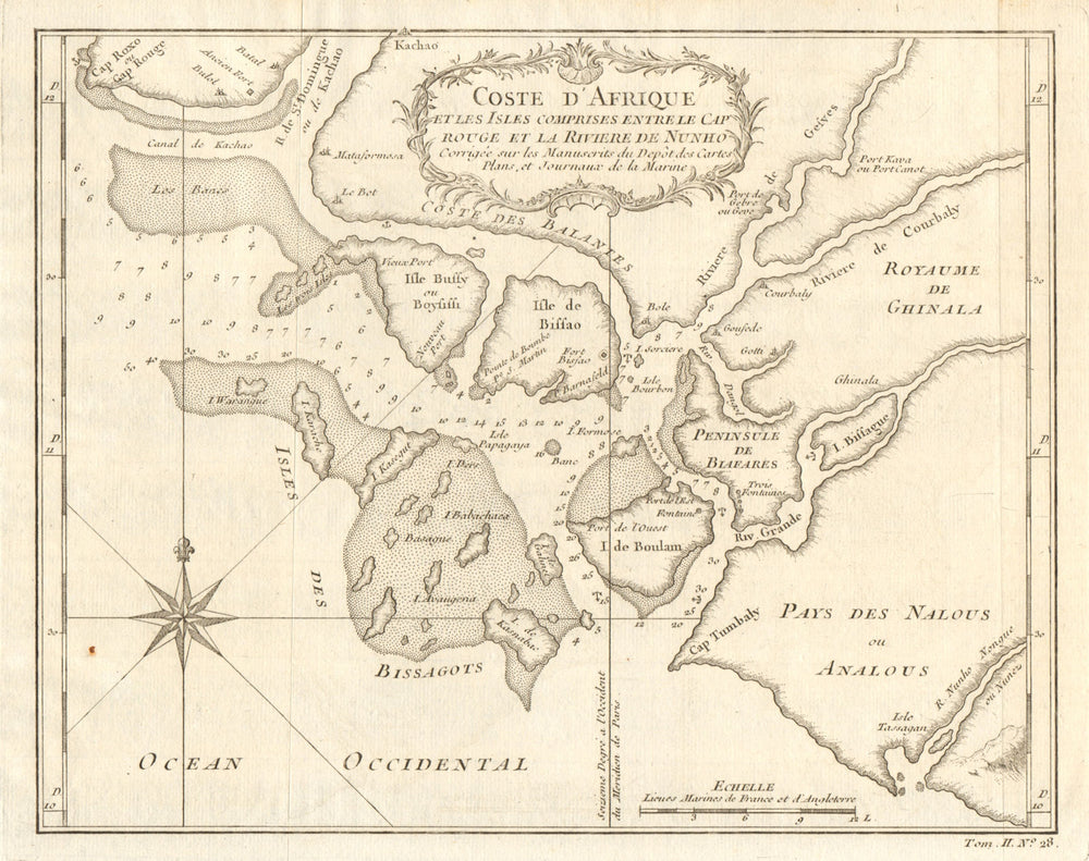 'Coste d’Afrique…' Guinea-Bissau & Bissagos archipelago. BELLIN 1746 old map