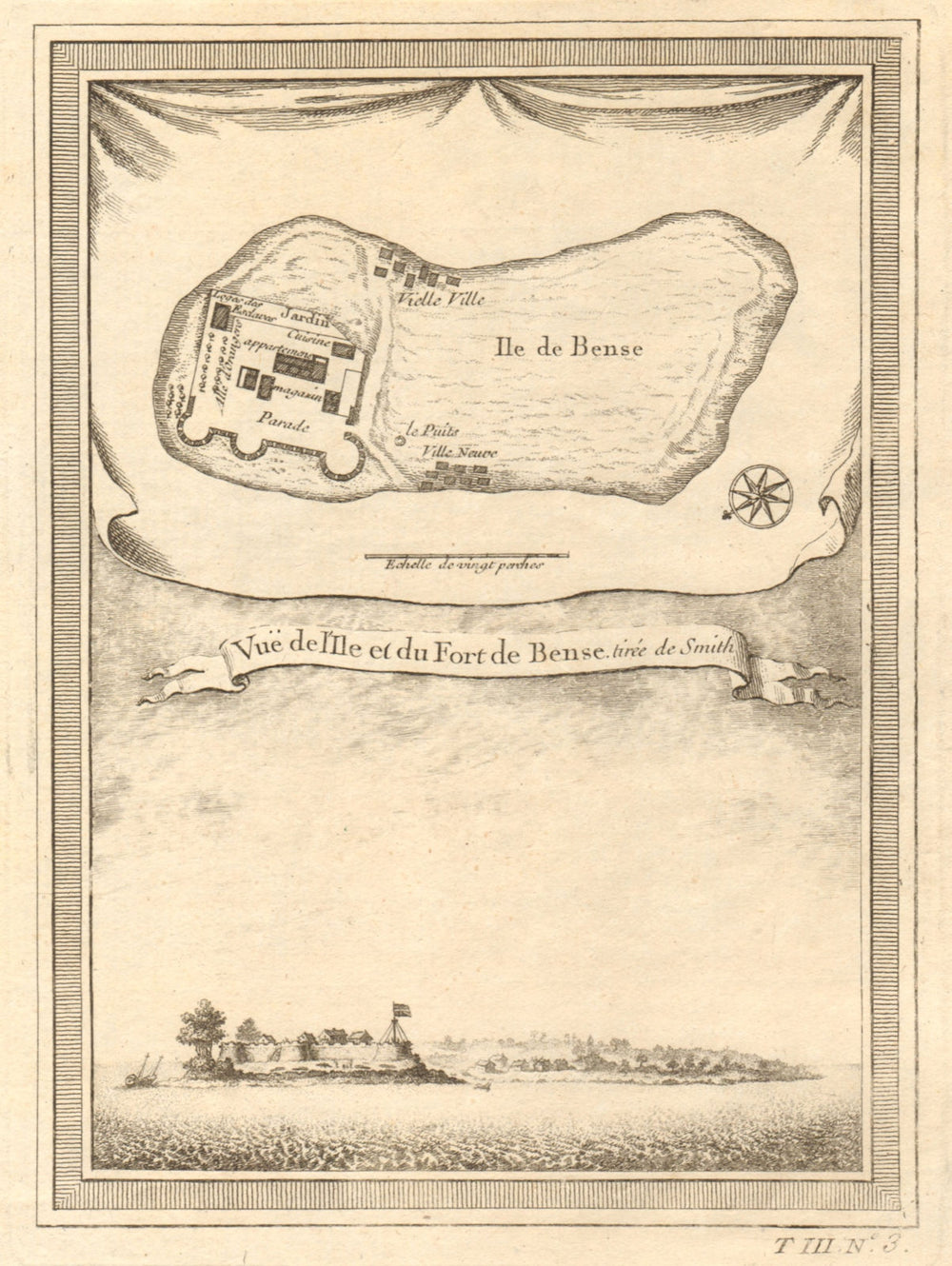'Vue de I’Isle & du Fort de Bense'. Bunce Island, Sierra Leone. BELLIN 1747 map