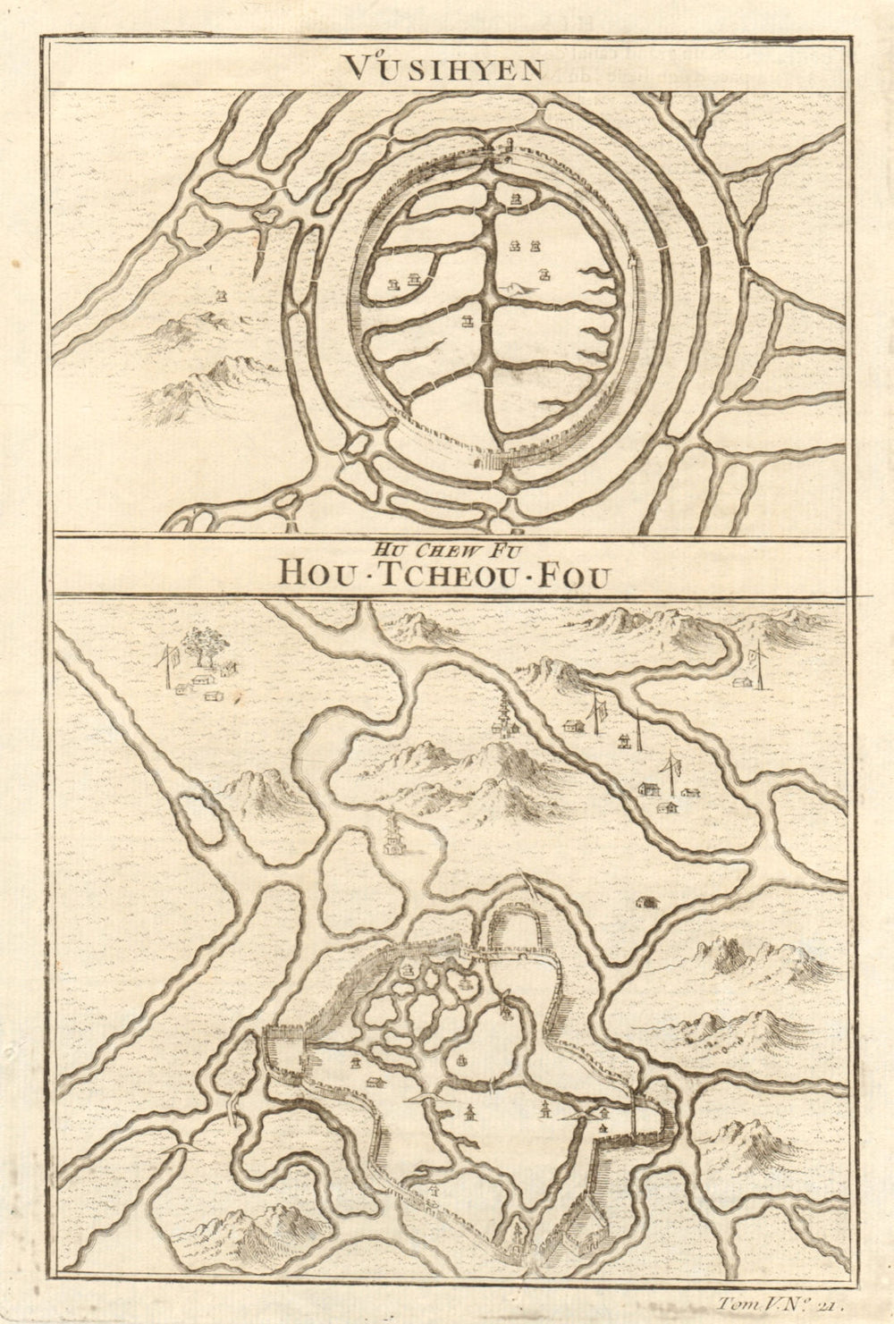 'Vusihyen - Hu-chew-fu…'. Wuxi & Huzhou city walls plans. China. BELLIN 1748 map