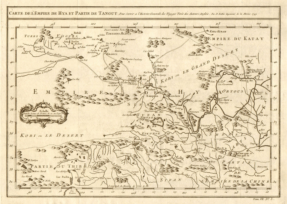 'L’Empire de Hya et partie de Tangut' Xi Xia China Mongolia Gobi BELLIN 1749 map