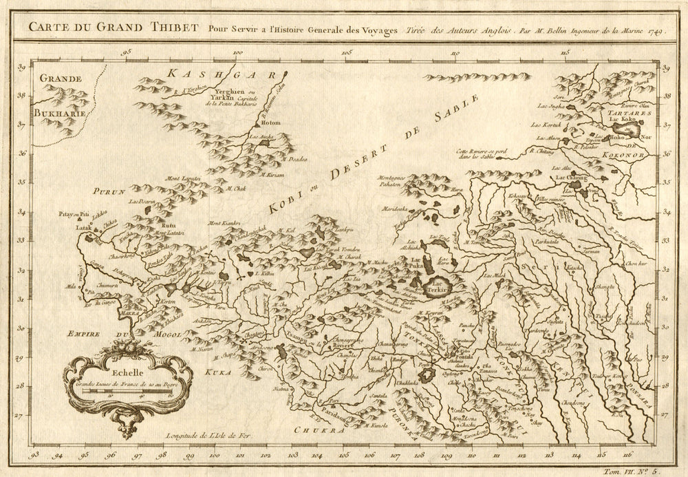 'Carte du Grand Thibet'. Tibet Qinghai Xinjiang, China. Ladakh. BELLIN 1749 map