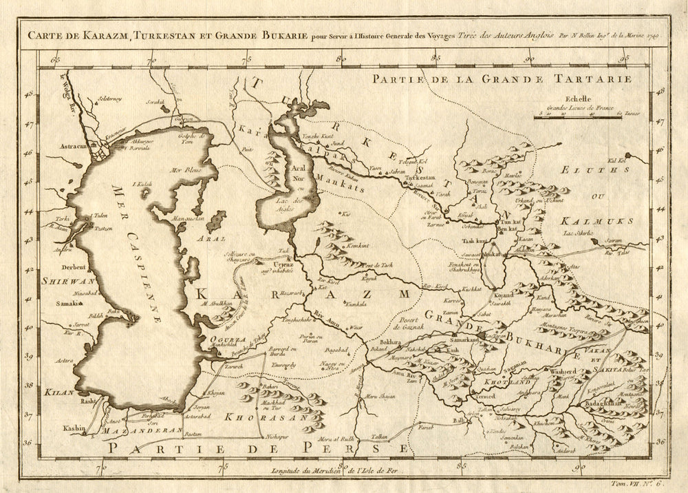 'Karazm, Turkestan & Grande Bukarie'. Central Asia. Caspian Sea. BELLIN 1749 map