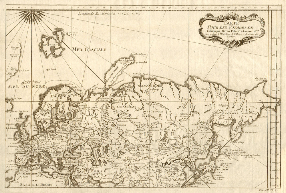 'Les voyages de Rubruquis, Marco Polo, Jenkinson' Asia explorers BELLIN 1749 map