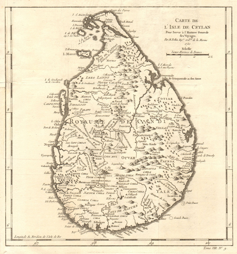 'Carte de l’lsle de Ceylan'. Sri Lanka. Island of Ceylon. BELLIN 1750 old map