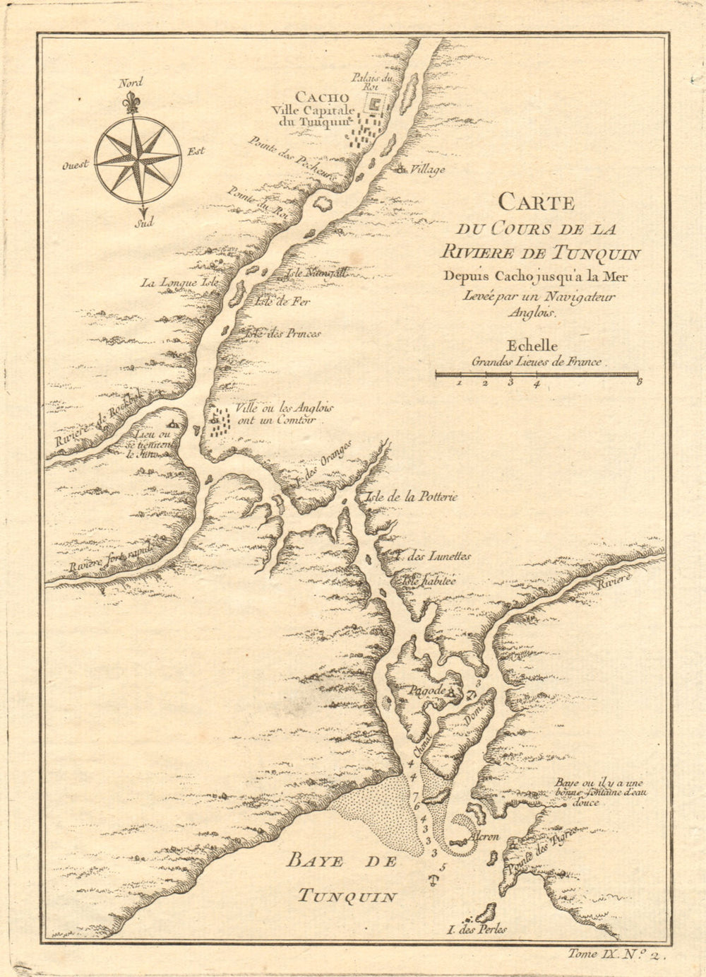 'La Rivière de Tonquin…'. Red River delta, Vietnam. Cacho/Hanoi. BELLIN 1751 map