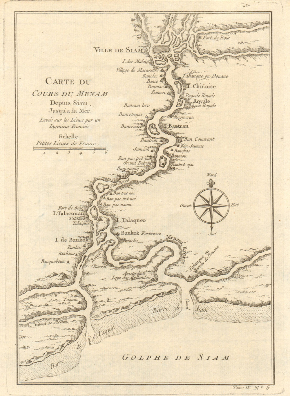 'Cours du Menam…' Chao Phraya river. Thailand Ayutthaya Bangkok. BELLIN 1751 map
