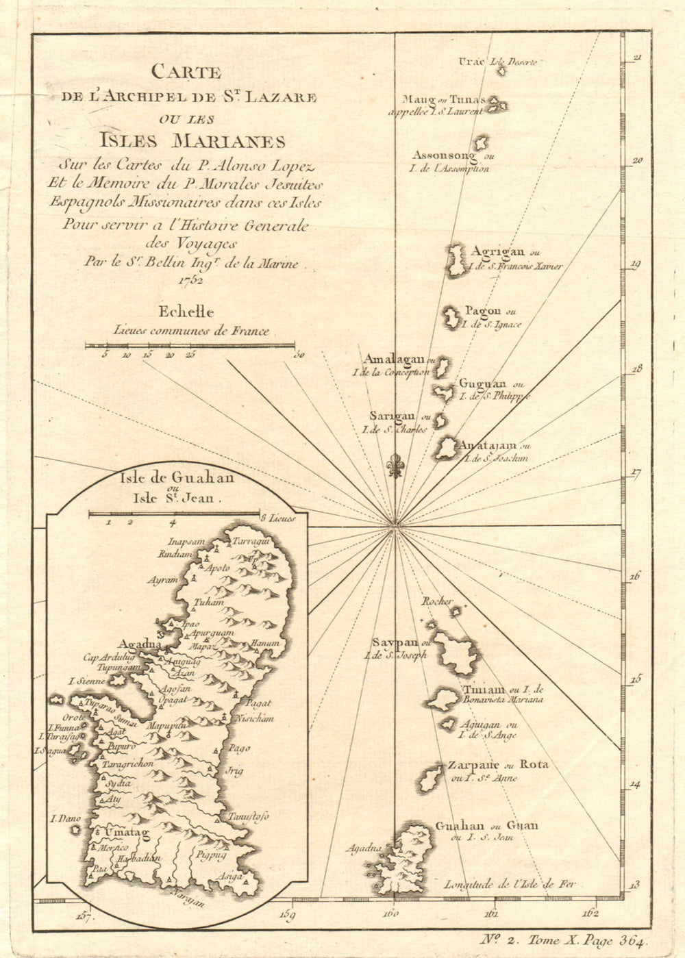'Archipel de St. Lazare ou les isles Marianes'. Guam Saipan. BELLIN 1752 map
