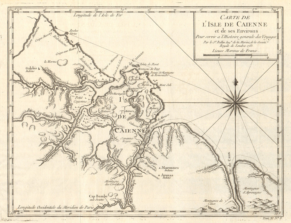 'Carte de I’Isle de Caienne'. Cayenne, French Guiana. Guyanas. BELLIN 1753 map