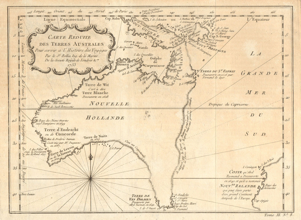 'Carte réduite des Terres Australes'. Pre-Cook Australia & NZ. BELLIN 1753 map