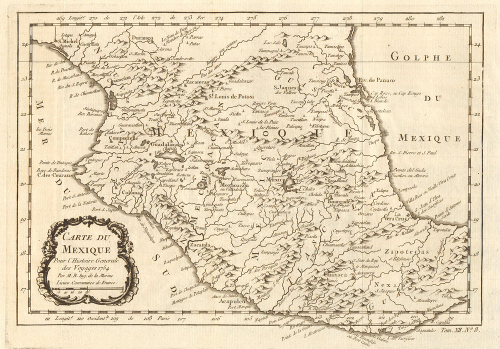 'Carte du Mexique'. Central Mexico. BELLIN 1754 old antique map plan chart