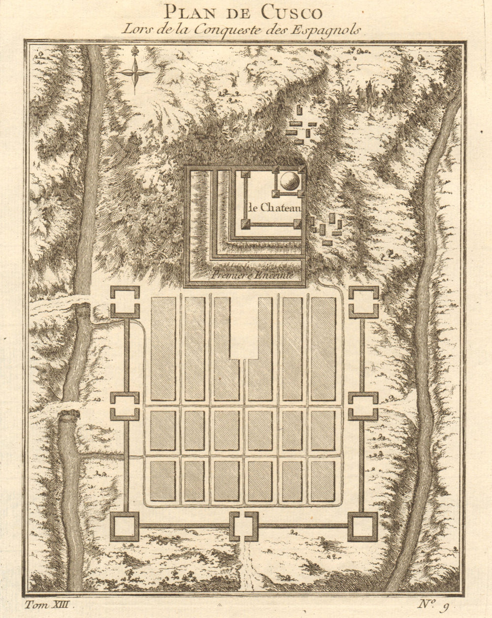 'Plan de Cusco'. City plan of Cusco, Peru. BELLIN 1756 old antique map chart