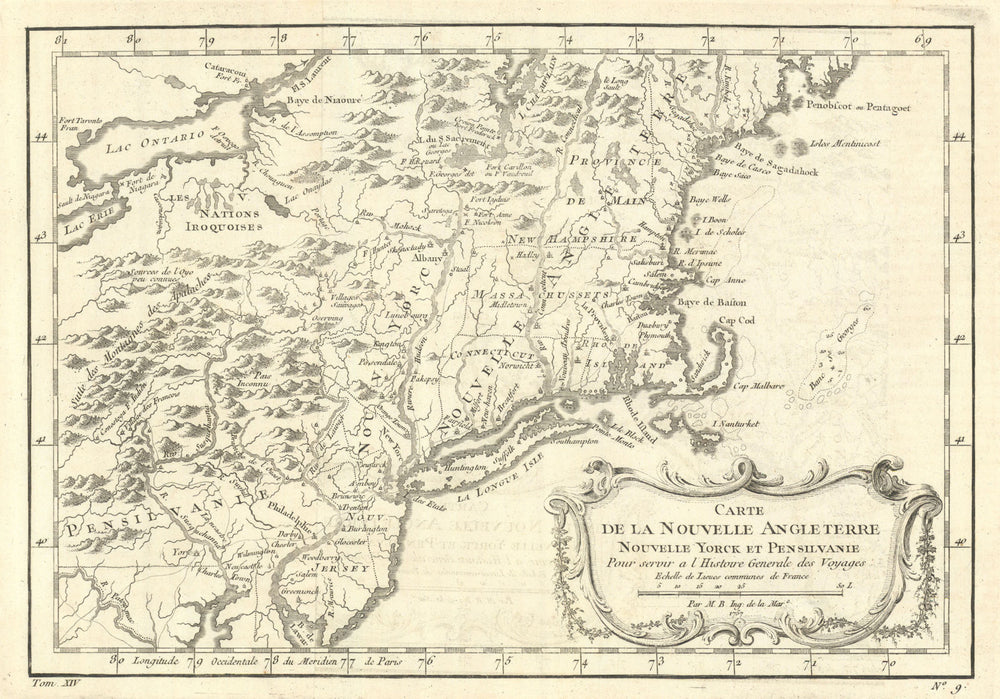 'Carte de la Nouvelle Angleterre, Nouvelle York et Pensilvanie'. BELLIN 1757 map