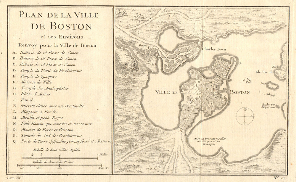 'Plan de la ville de Boston'. Boston & Charlestown plan. BELLIN 1757 old map