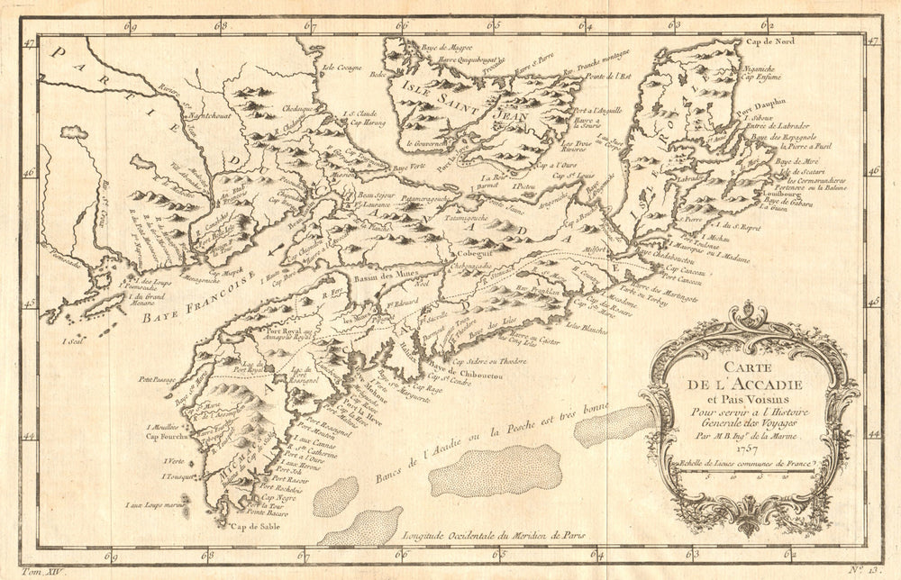 'Plan de l'Accadie et païs voisins'. Acadia. Nova Scotia & PEI. BELLIN 1757 map