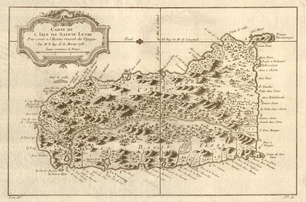 'Carte de l'Isle de Sainte Lucie'. St Lucia. West Indies. BELLIN 1759 old map