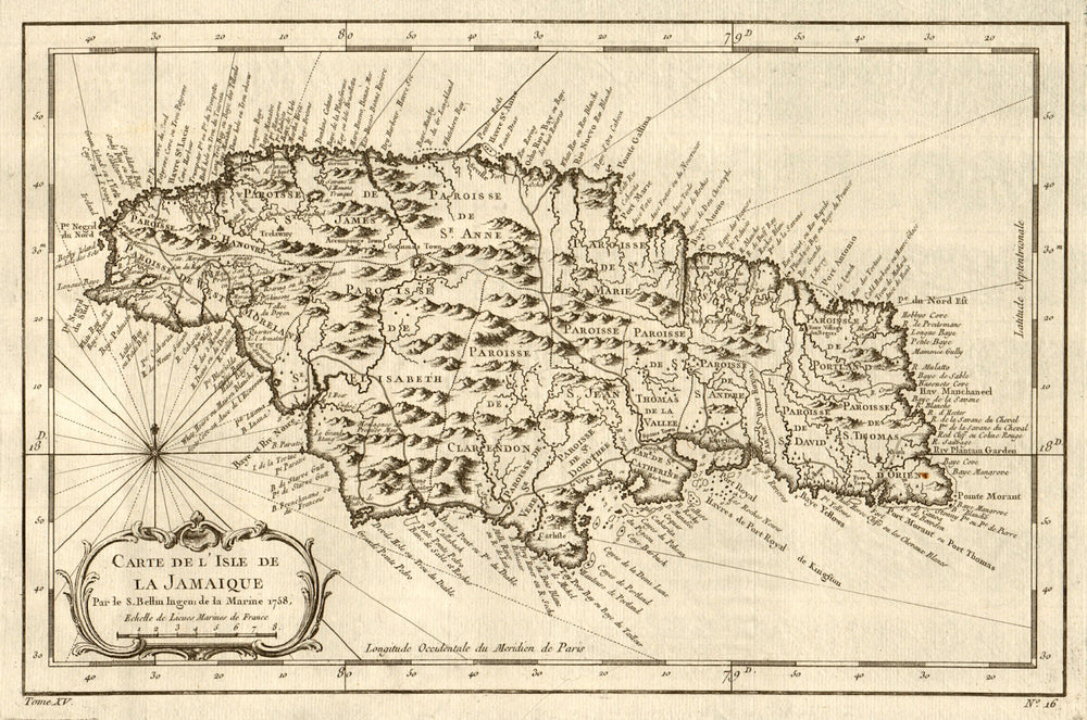 'Carte de l'Isle de la Jamaïque'. Jamaica. West Indies. BELLIN 1759 old map