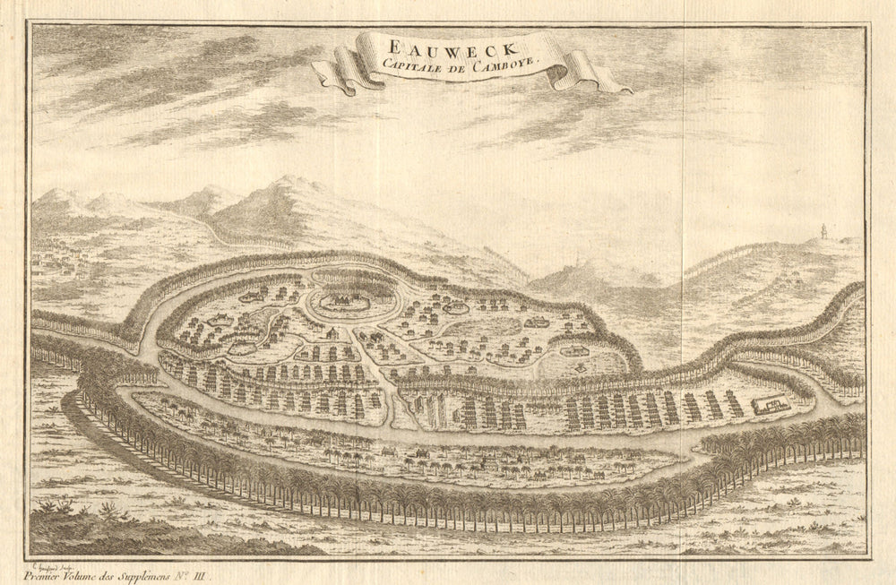 'Eauweck, Capitale de Camboye'. Plan/view of Longvek, Cambodia. BELLIN 1761 map