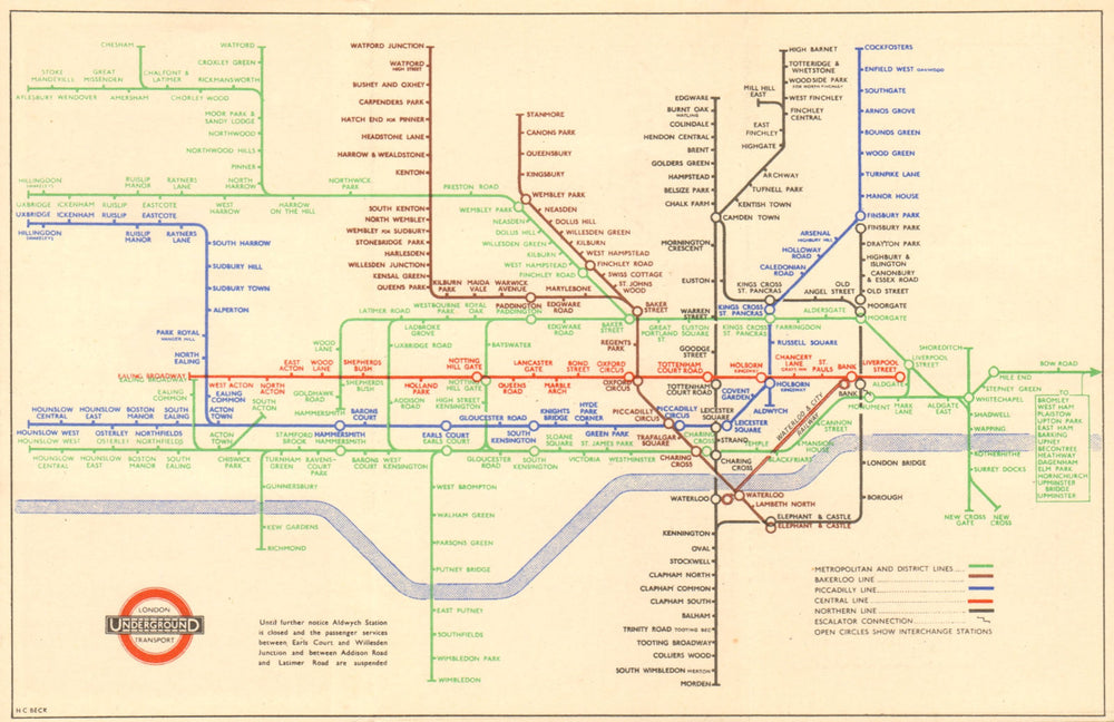LONDON UNDERGROUND tube map plan. Middle Circle. Addison/Uxbridge Rd. BECK 1945