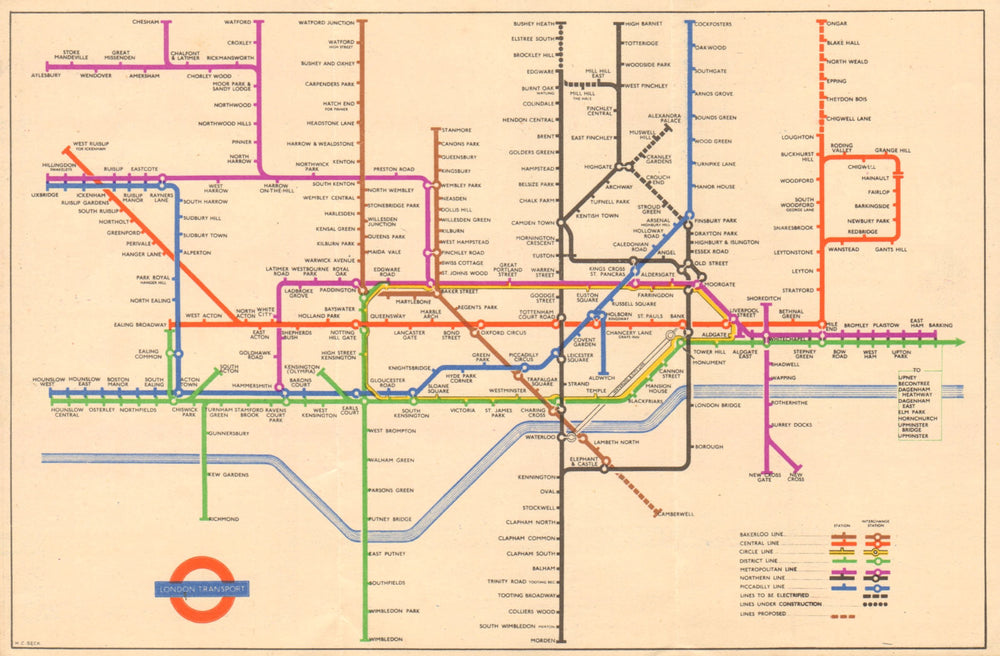 LONDON UNDERGROUND tube map plan. Alexandra Palace. South Acton. HARRY BECK 1949