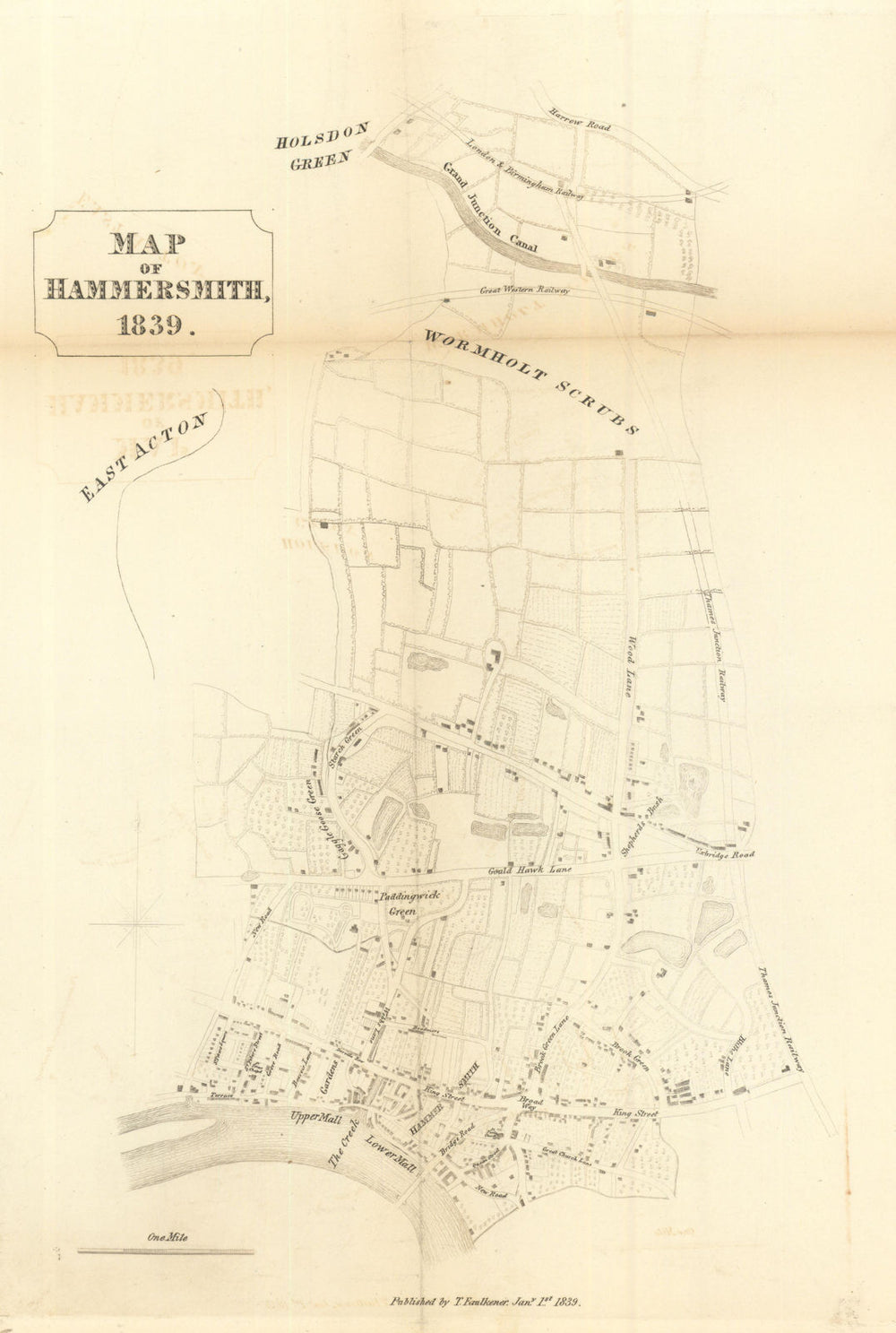 HAMMERSMITH PARISH. Shepherds Bush. Brook Green. Chiswick. FAULKNER 1839 map
