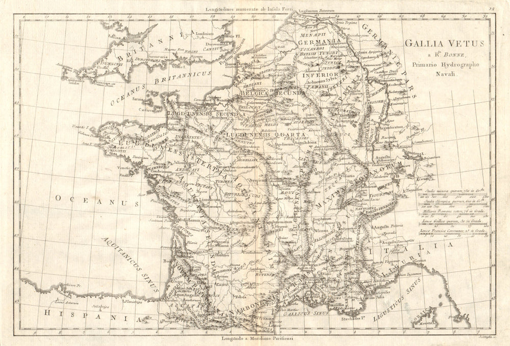 Gallia Vetus. Ancient Gaul. France Belgium Switzerland. BONNE 1789 old map