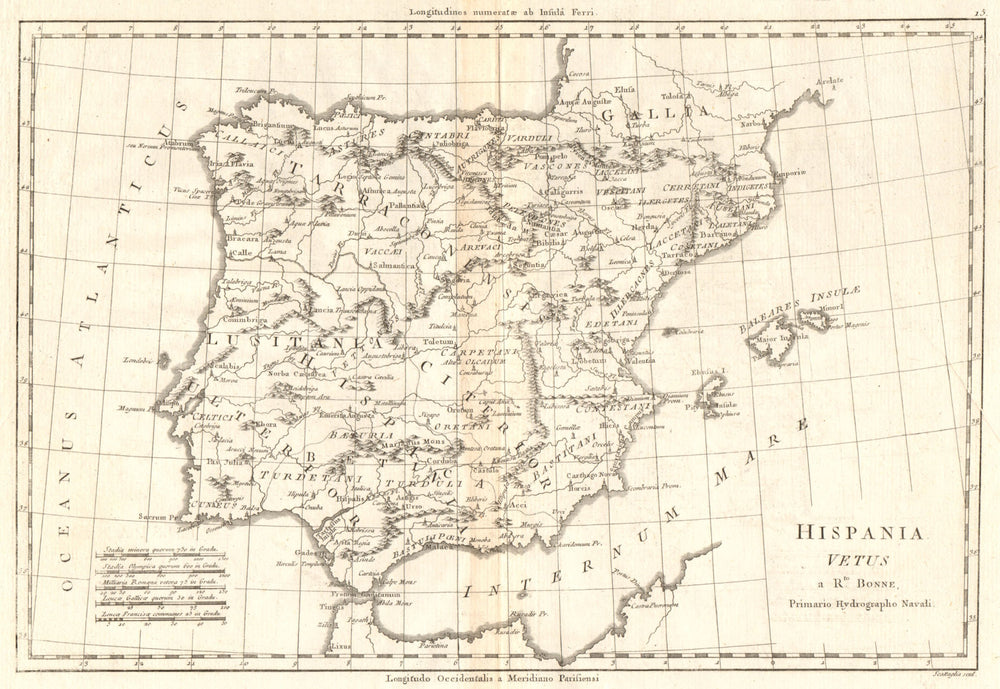 Hispania Vetus. Ancient Iberia. Lusitania. Spain & Portugal. BONNE 1789 map