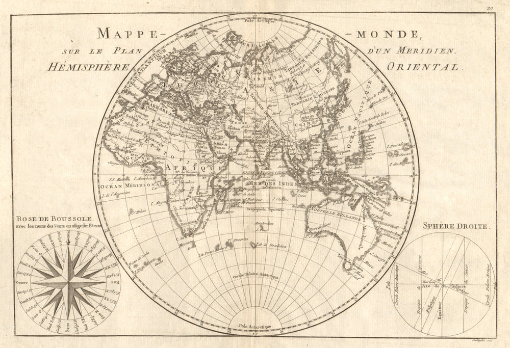 Mappe-monde sur le plan d’un Méridien, hemisphere Oriental. BONNE 1789 old