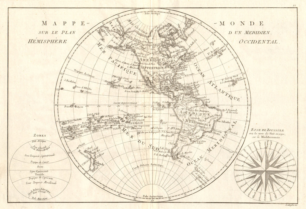 Mappe-monde sur le plan d’un Méridien, hemisphere Occidental. BONNE 1789