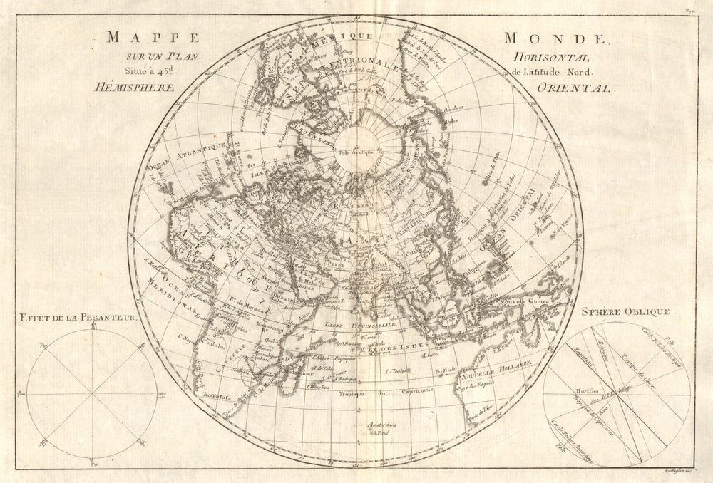 Mappe-monde sur un plan horisontal… à 45°N hemisphere Oriental. BONNE 1789