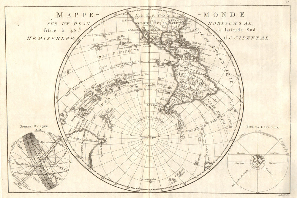 Mappe-monde sur un plan horisontal… à 45°S hemisphere Occidental. BONNE 1789