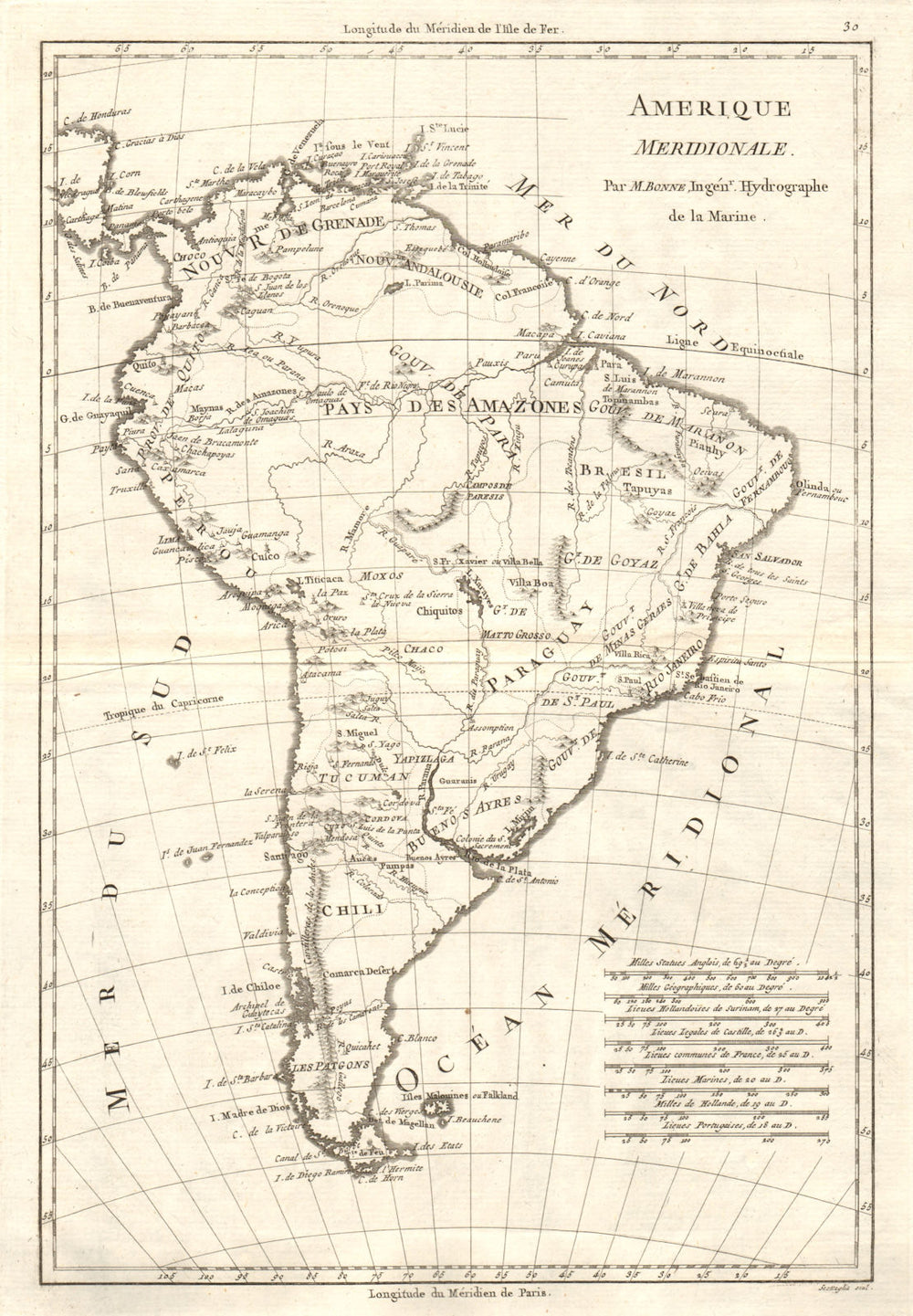 Amerique Meridionale. Antique map of South America. BONNE 1789 old