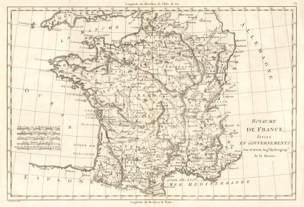 Royaume de France, divisé en Gouvernements. Provinces. BONNE 1789 old map
