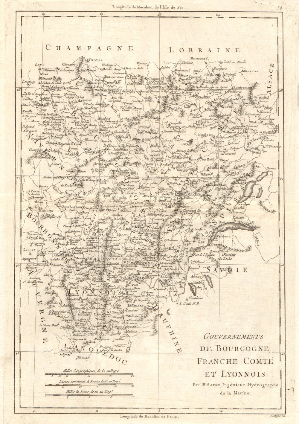 Gouvernements de Bourgogne, Franche-Comté et Lyonnois. Lyonnais. BONNE 1789 map
