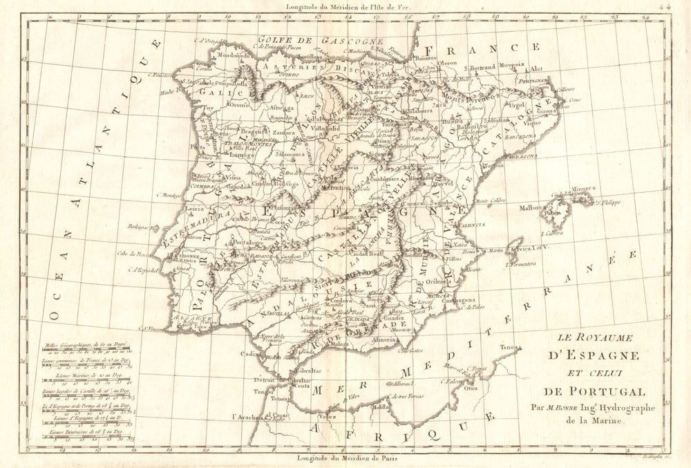 Le Royaume d’Espagne et celui de Portugal. Spain. Iberia. BONNE 1789 old map
