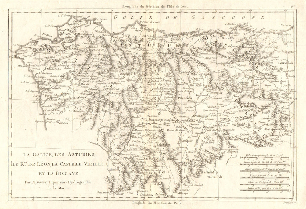 Galice, Asturies, Léon, Castille vieille & Biscaye. NW Spain. BONNE 1789 map