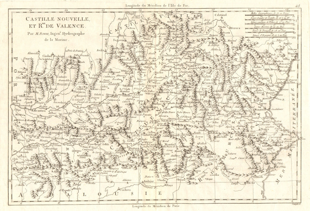 Castille Nouvelle et Royaume de Valence. New Castile. Valencia. BONNE 1789 map