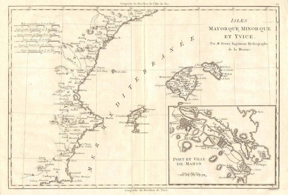 Iles Mayorque, Minorque et Yvice. Mahon. Majorca Menorca Ibiza. BONNE 1789 map