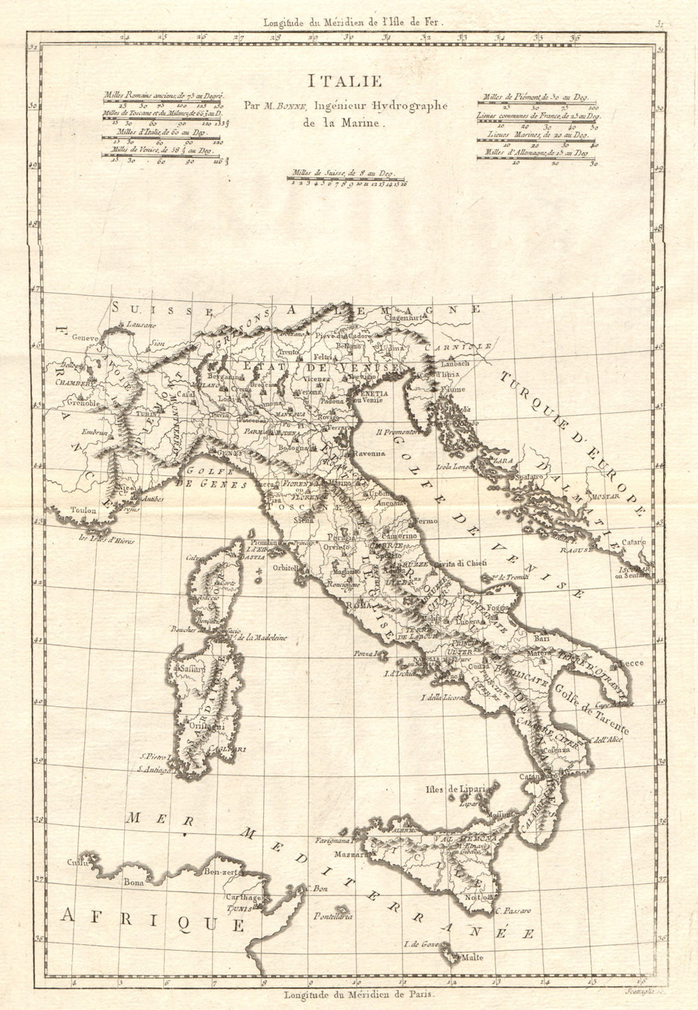 Italie. Antique map of Italy. BONNE 1789 old vintage plan chart