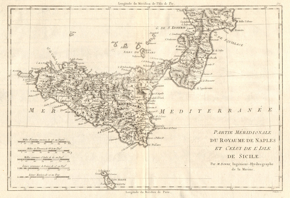 Partie Méridionale du Royaume de Naples &… Sicile Calabria Sicily BONNE 1789 map