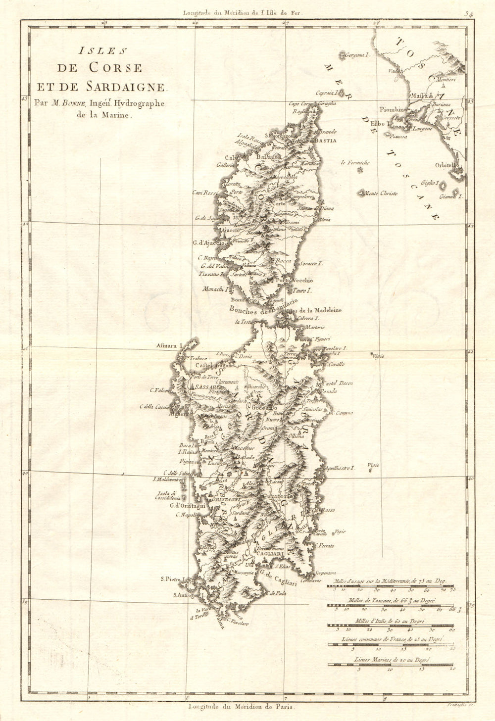 Isles de Corse et de Sardaigne. Corsica and Sardinia. BONNE 1789 old map
