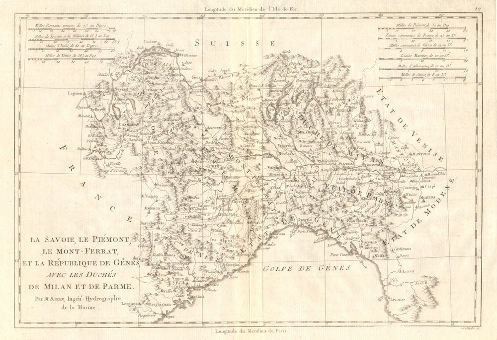 Savoie, Piémont, Montferrat, Genes, Milan & Parme. Genoa NW Italy BONNE 1789 map