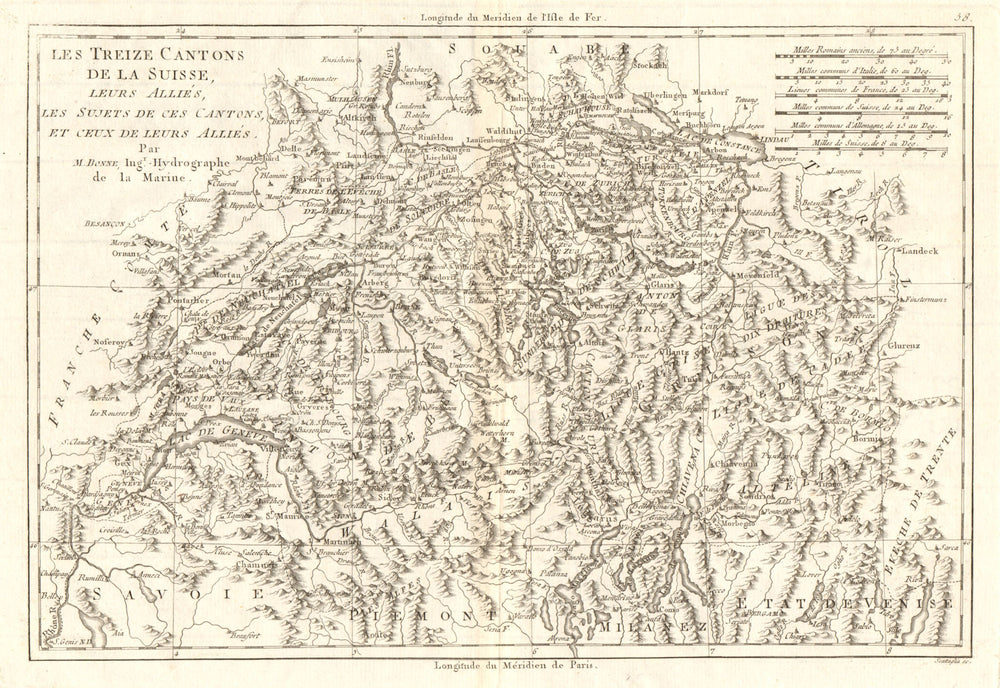 Les treize Cantons de la Suisse. Switzerland Suisse Schweiz. BONNE 1789 map