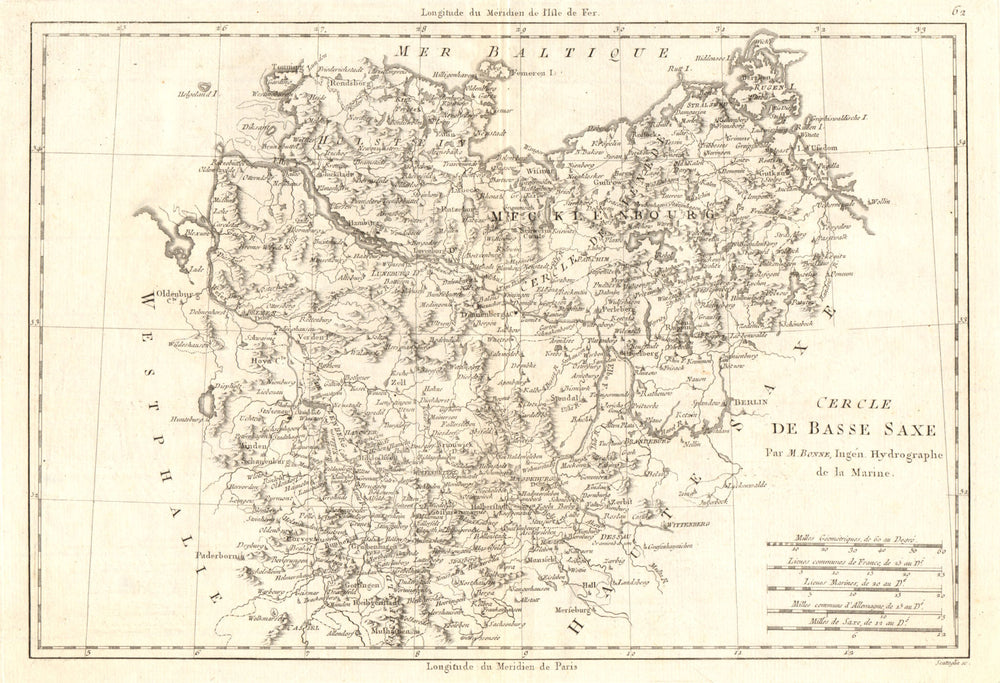 Cercle de Basse Saxe. Circle of Lower Saxony. North-East Germany. BONNE 1789 map