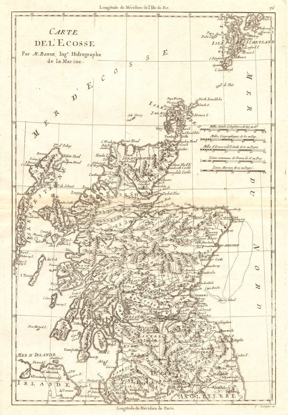 Carte de I’Ecosse. Antique Map of Scotland. BONNE 1789 old chart