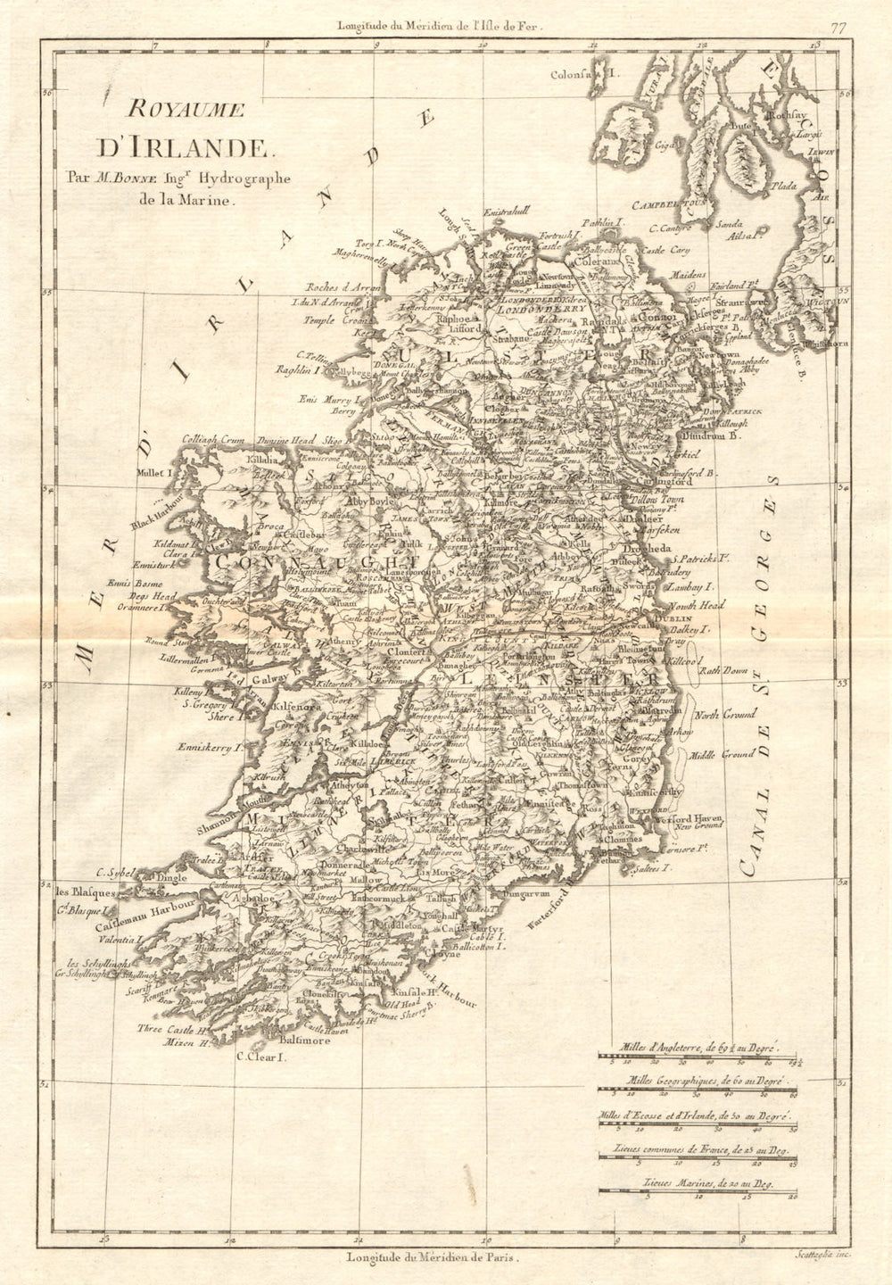 Royaume d’lrlande. Kingdom of Ireland. BONNE 1789 old antique map plan chart