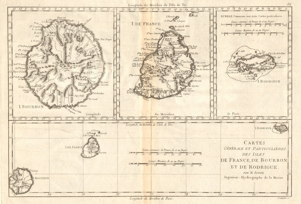 Isle de France, Bourbon & Rodrigue. Mauritius Réunion Rodrigues. BONNE 1790 map
